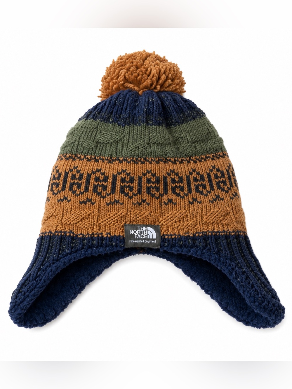 The North Face Kids Pom Earflap Beanie in Navy, Olive & Brown 6-24mo infant